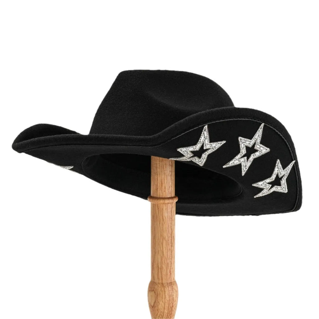 A beige woven polyester Western-style top hat with a conical crown and a hexagonal star detail on the front.