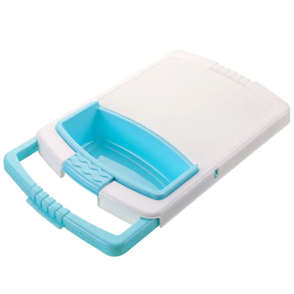 Green multi-function cutting board with sink basket mounted on kitchen sink edge
