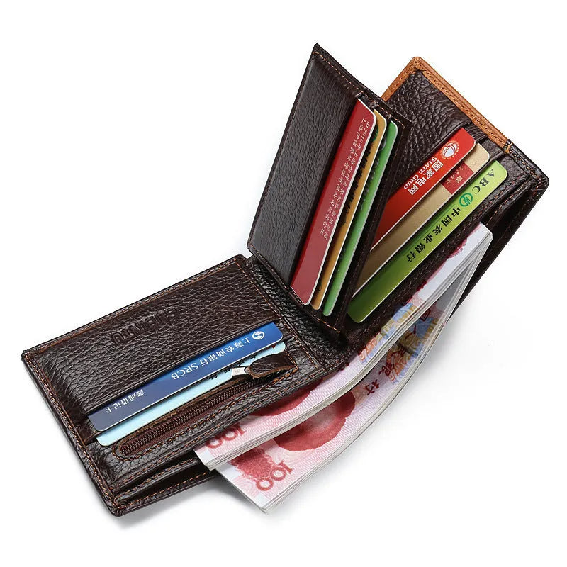 Men's brown leather wallet with contrast stitching, open to show card slots, bill compartment, and zipper section.