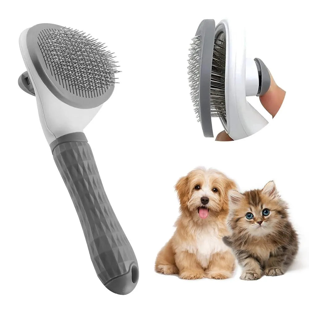 Blue cat grooming brush with a release button for removing loose fur and tangles