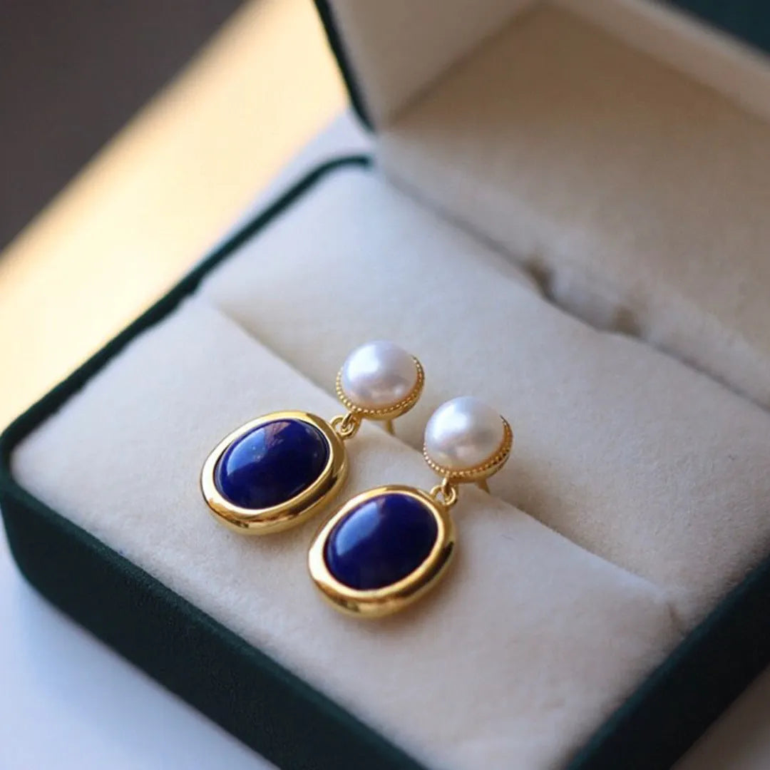 Lapis lazuli pearl drop earrings in 925 silver setting with auspicious patterns