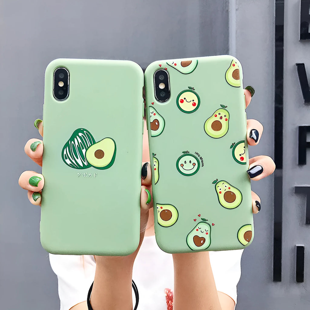 Avocado cartoon design printed on a green TPU back cover case for an Apple iPhone.