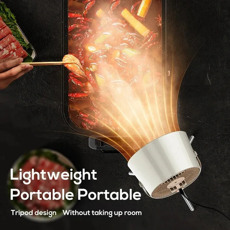 Milky white portable desktop exhaust fan with tripod stand and removable filter for kitchen smoke extraction