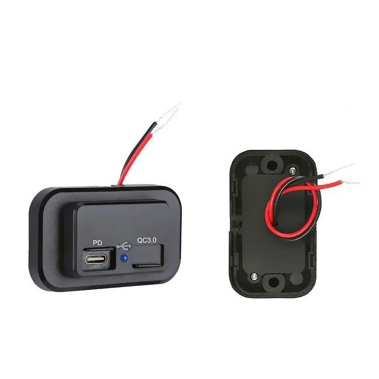 Black QC3.0 and PD 3.0 fast car charger with Type-C port for 36W charging in vehicles.