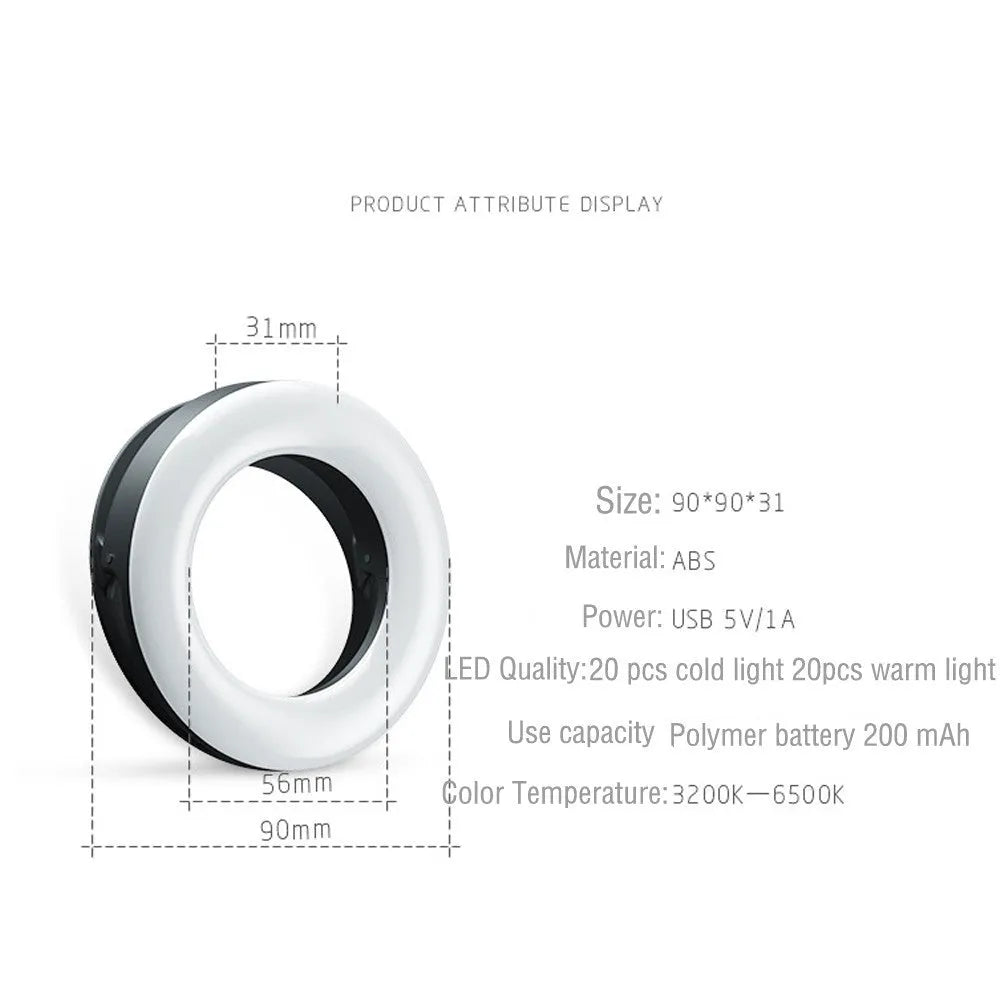 Black portable LED selfie ring light with USB cable for mobile phone photography