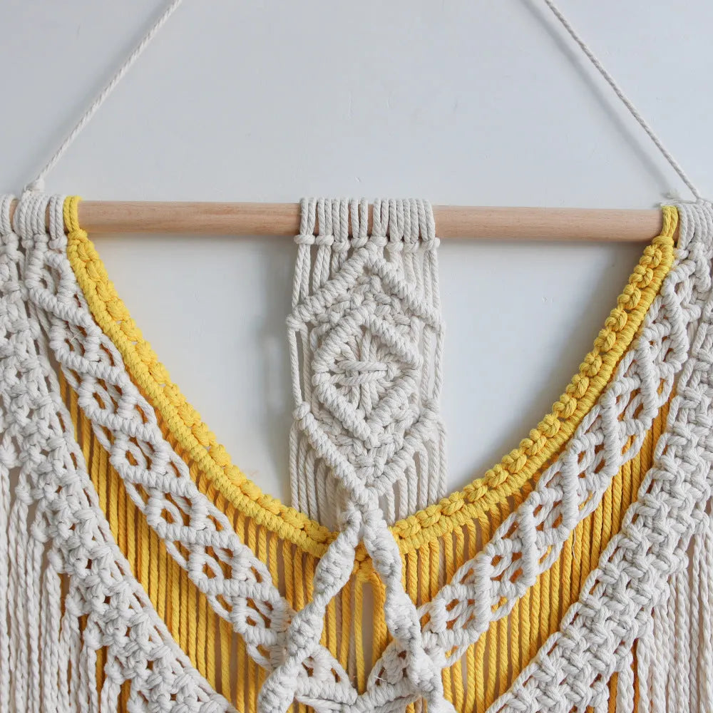 Nordic style hand-made woven cotton tapestry rectangle 120x95cm creamy white yellow wall hanging