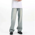 Blue men's loose casual trousers with a retro style and elasticated waistband.