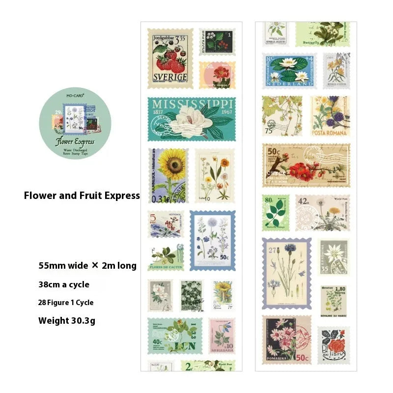 Retro DIY coated paper stamp roll sticker showing decorative designs on 55mm wide, 2m long roll
