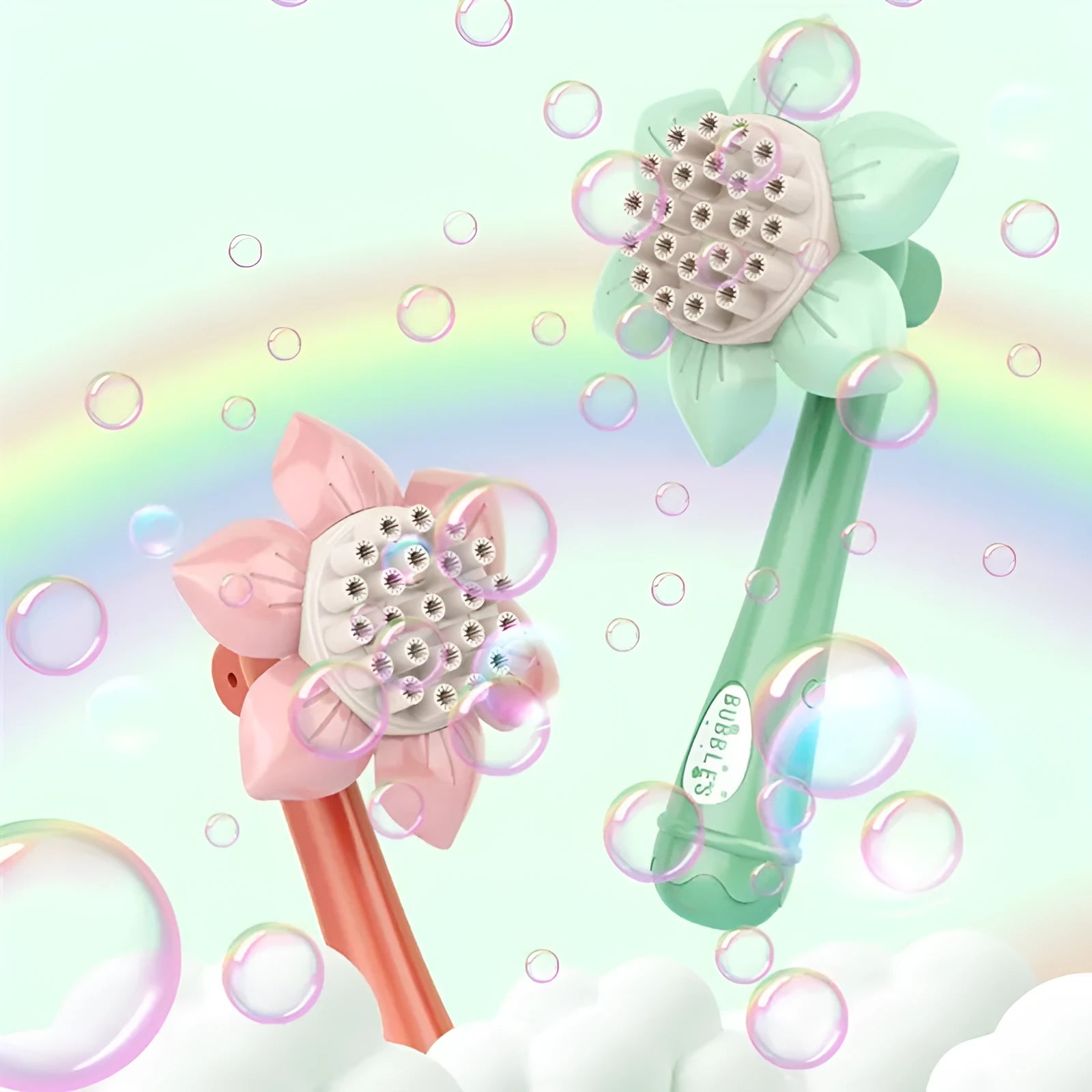Sunflower shape plastic electric bubble blower toy in mint green colour on table