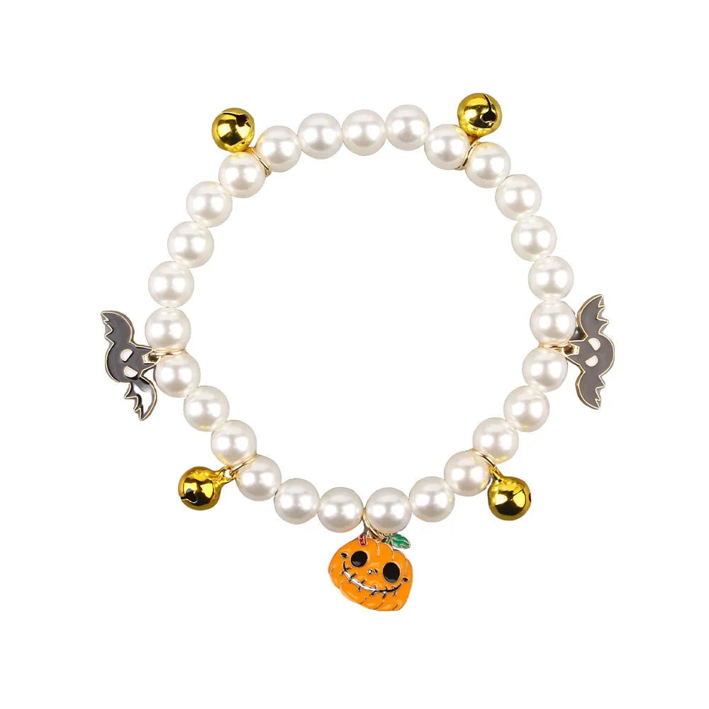 Halloween cat collar with simulated pearl necklace decoration in pumpkin design options