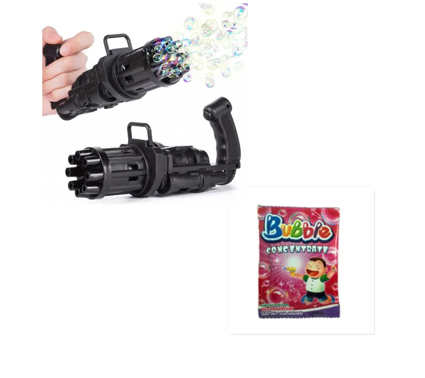 Children's ABS plastic bubble gun machine in pink with trigger and bubble head, used as a toy for outdoor parties