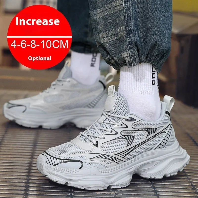 Men's casual breathable height increasing shoes with mesh upper and 10cm invisible lift, in white colour option