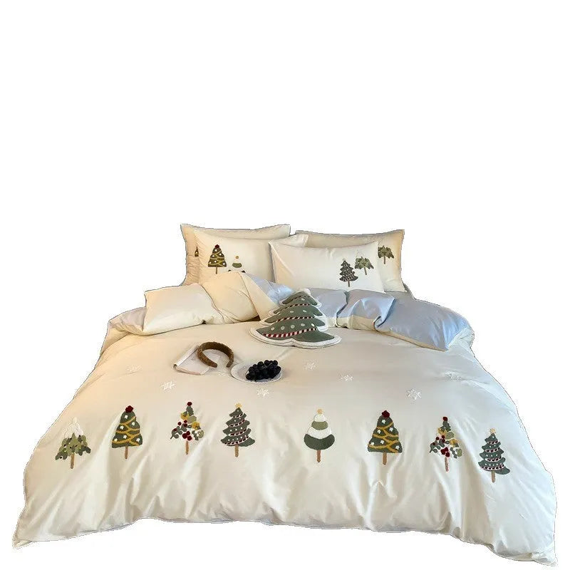 Pure cotton bedding set with embroidered Christmas tree and flowers on duvet cover and pillowcases.