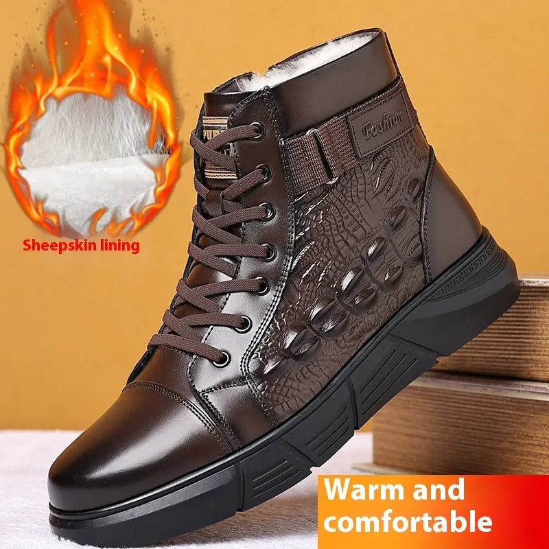 Black and brown round-toe lace-up boots with genuine leather upper, fur lining, and rubber sole.
