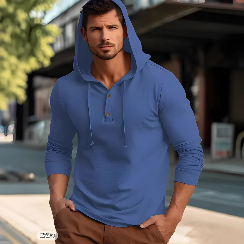 Men's cotton pullover hoodie in dark blue, apricot, black, blue, white or light green colours with long sleeves