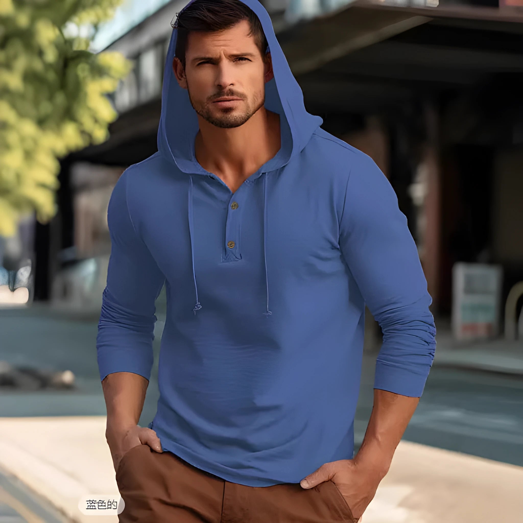Men's cotton pullover hoodie in dark blue, apricot, black, blue, white or light green colours with long sleeves