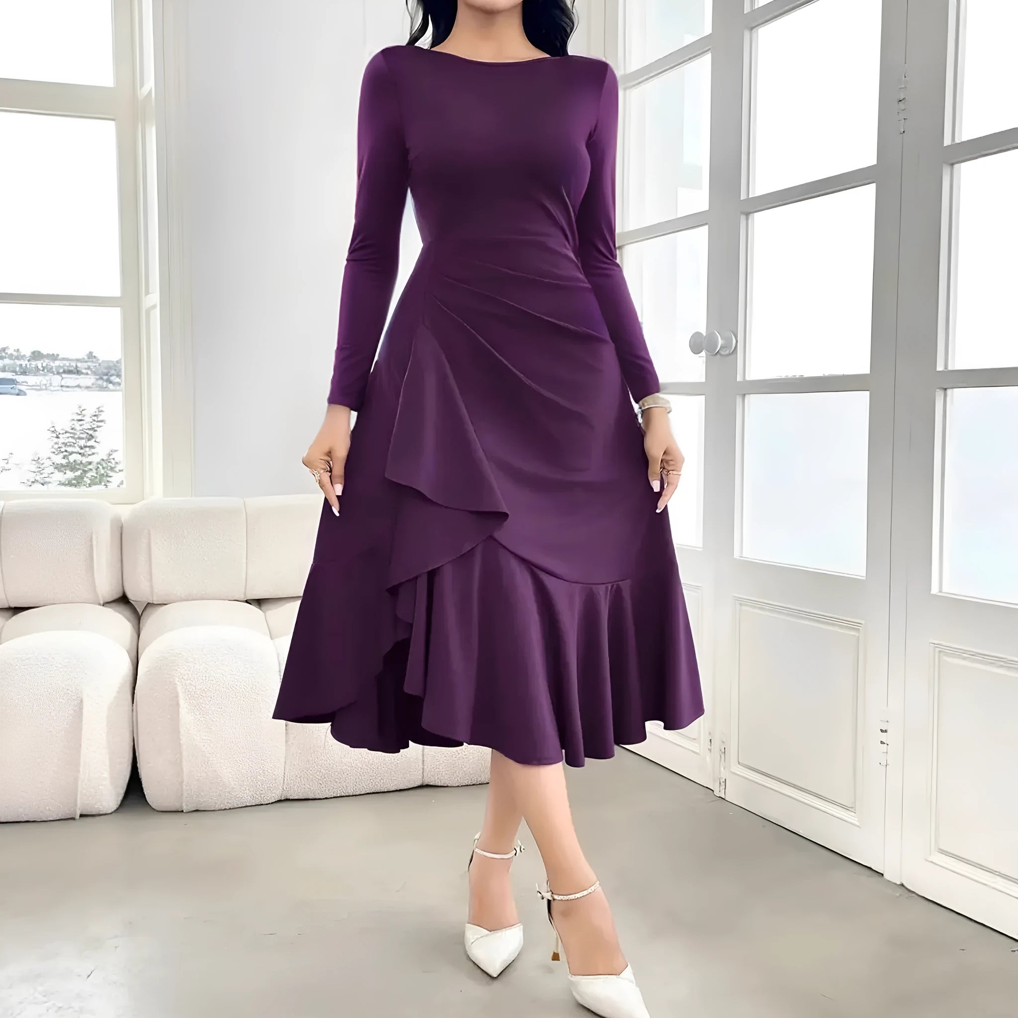 Purple women's long sleeve dress with ruffled detail and a mid waist.