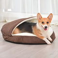 Brown cloth dog kennel with a removable cover for washing, shown in a home setting.