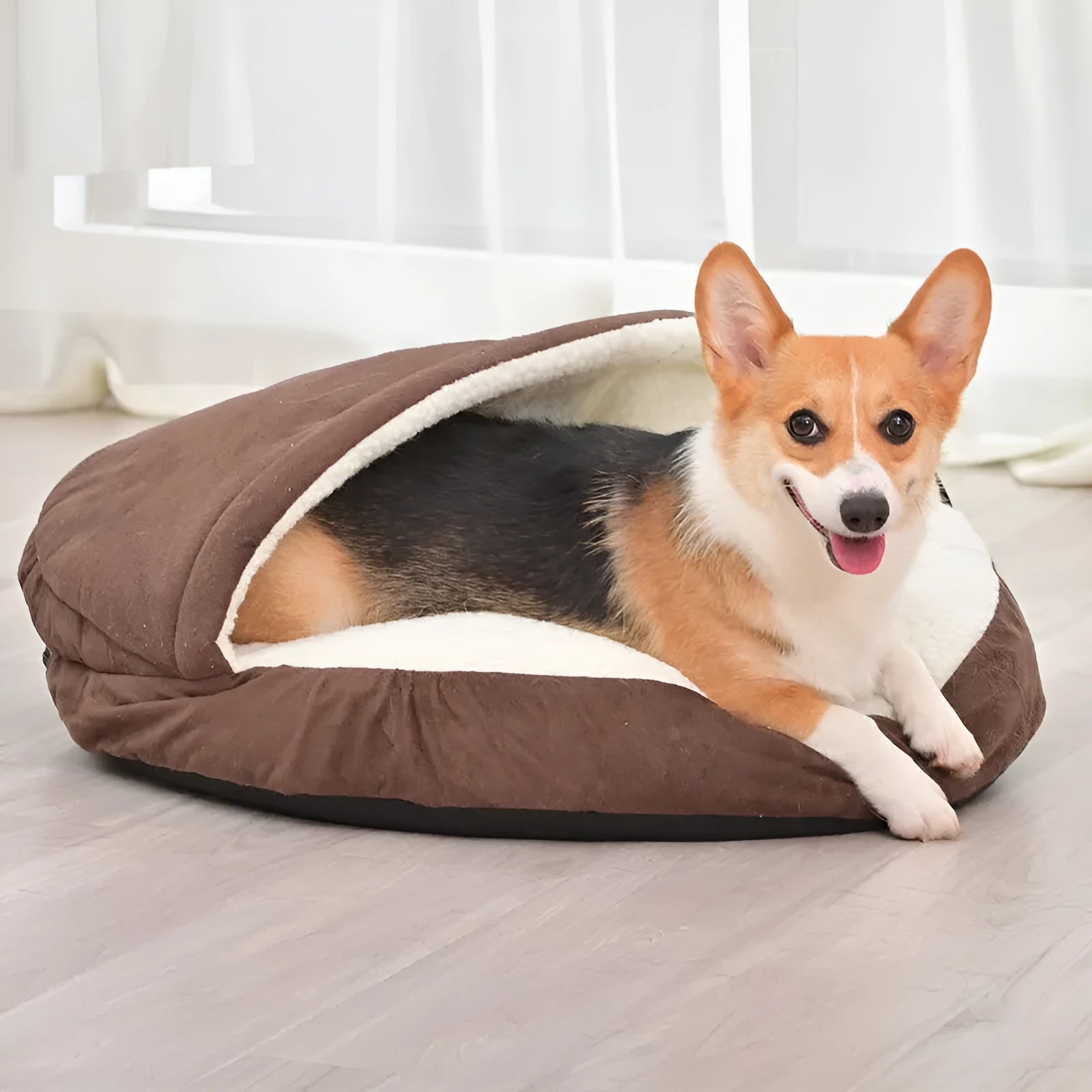 Brown cloth dog kennel with a removable cover for washing, shown in a home setting.