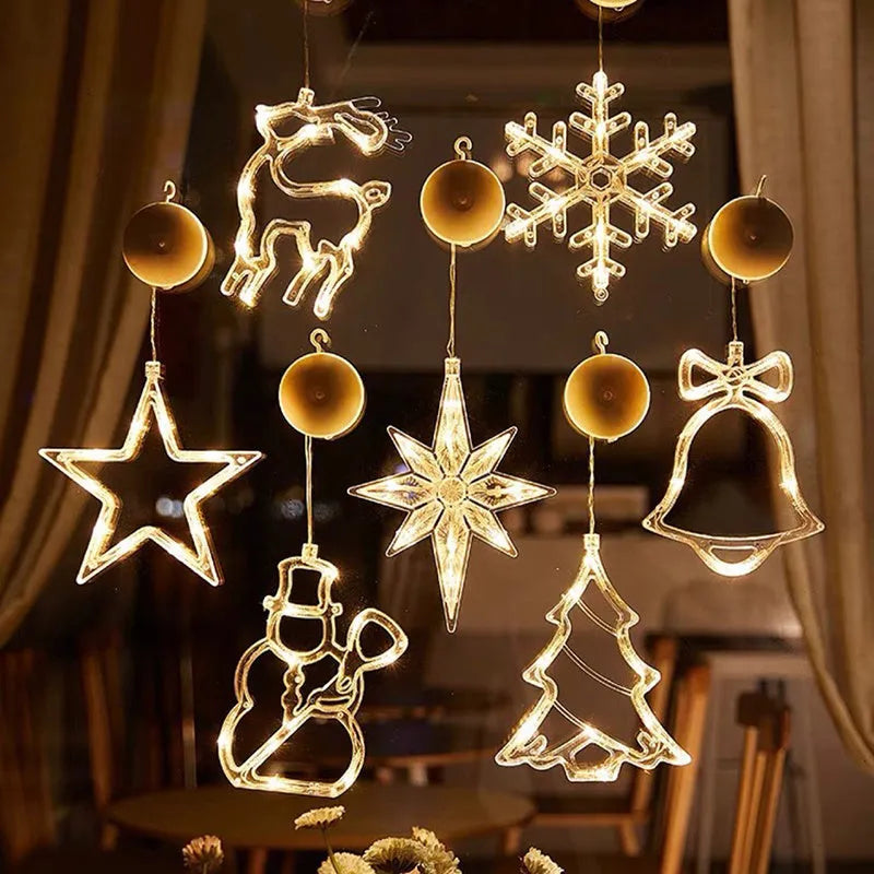 Christmas LED suction cup lights with Santa Claus elk snowman designs for window decoration