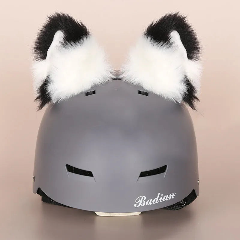 Plush cartoon-themed cover set on a medium motorcycle helmet with soft ear decorations.