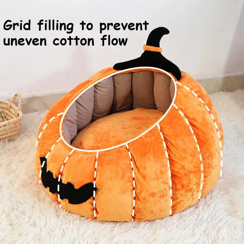 Halloween pumpkin devil design plush cat bed for cats and small dogs in orange colour