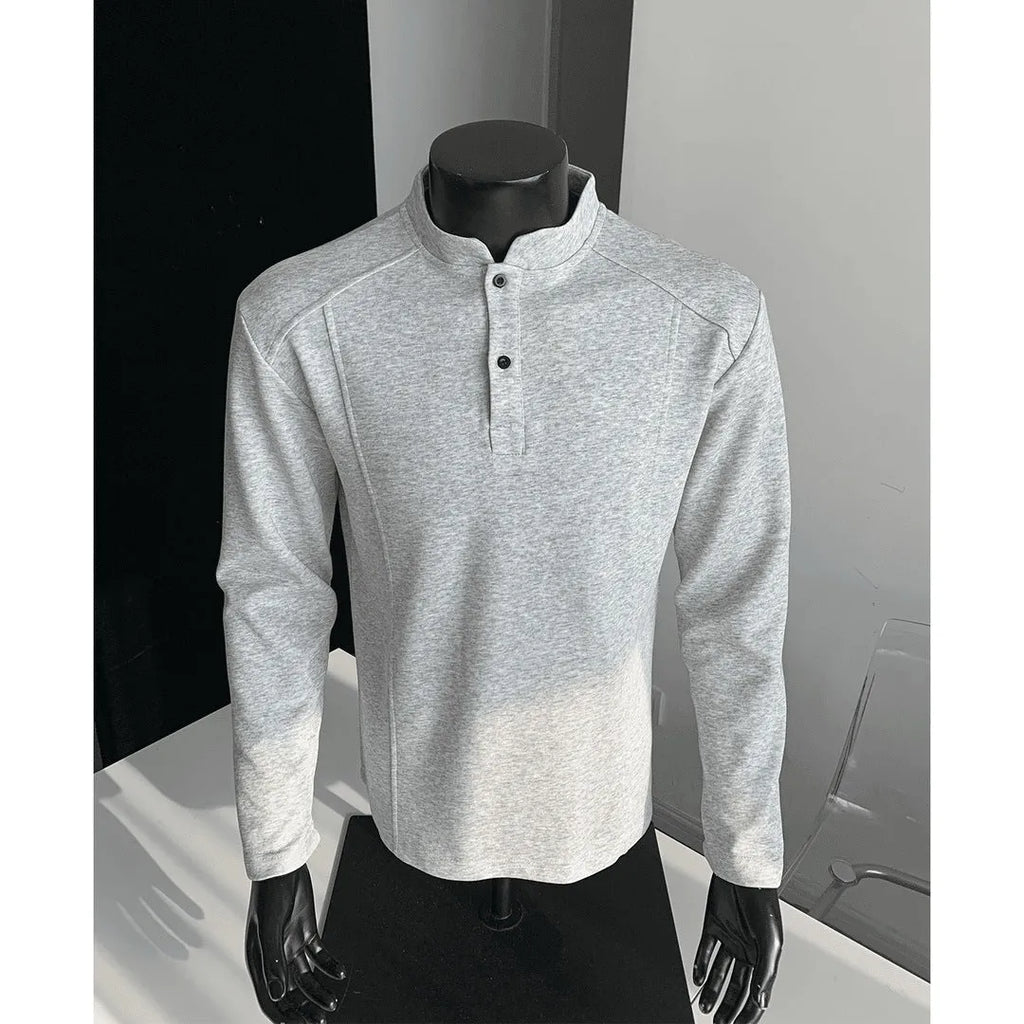 Men's grey asymmetric stand-up collar long sleeve polo shirt on a hanger.
