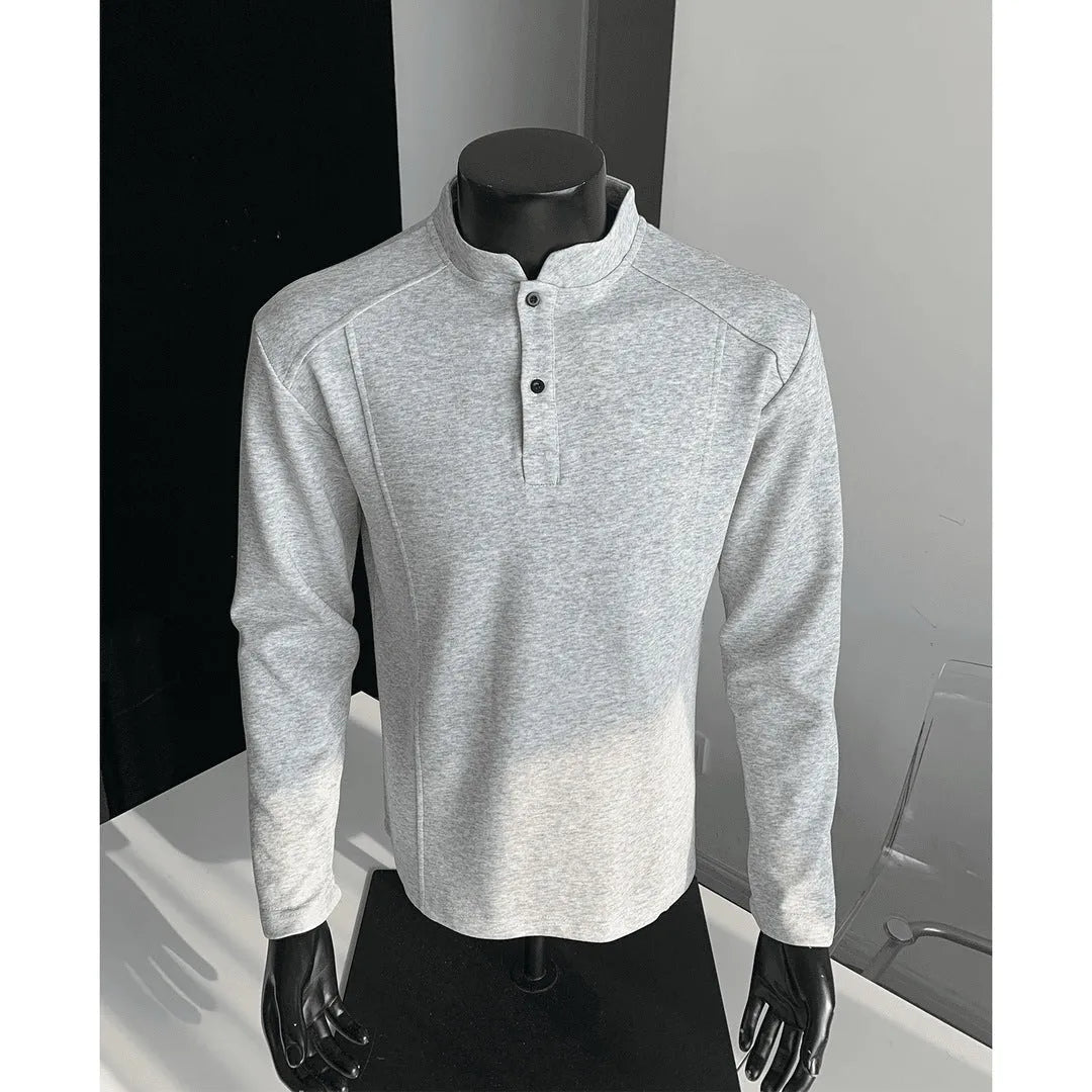 Men's grey asymmetric stand-up collar long sleeve polo shirt on a hanger.