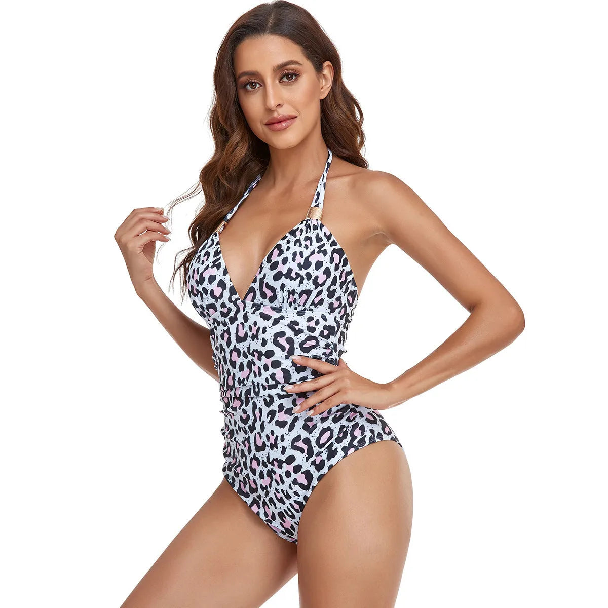 Backless one-piece swimsuit for women in leopard print and other colours.