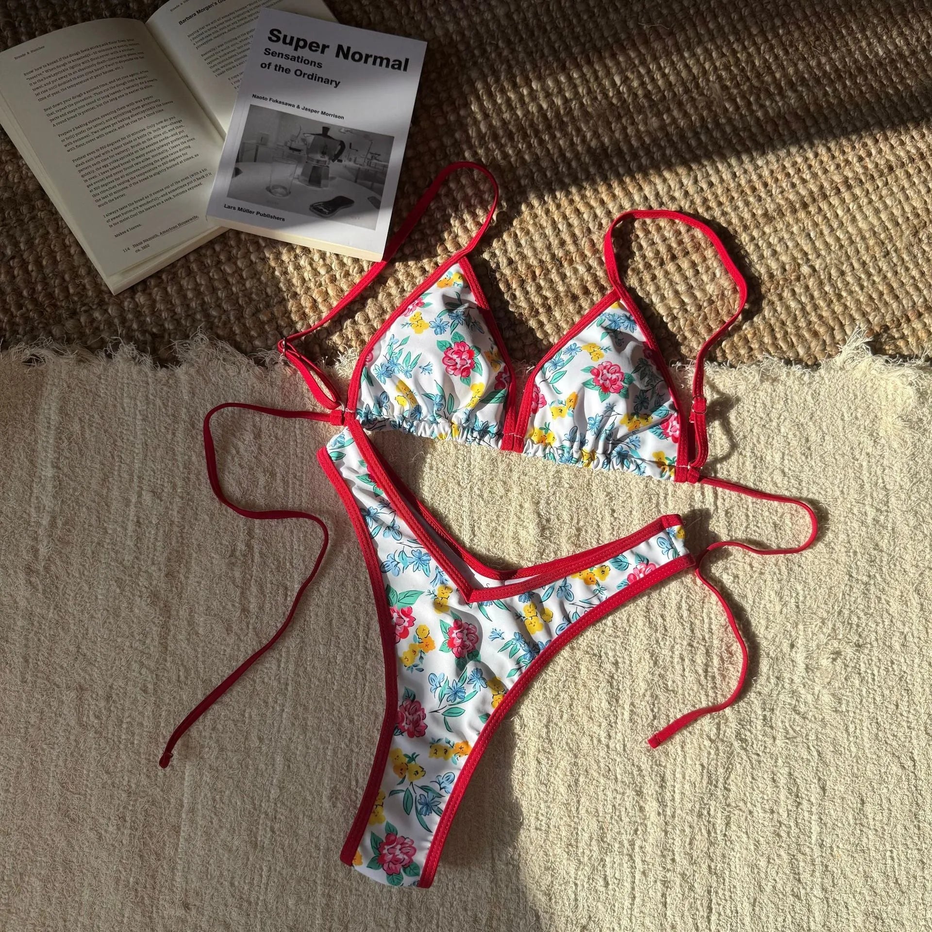 Women's split design printed bikini set in leopard and floral patterns, polyester fabric, sizes S to L