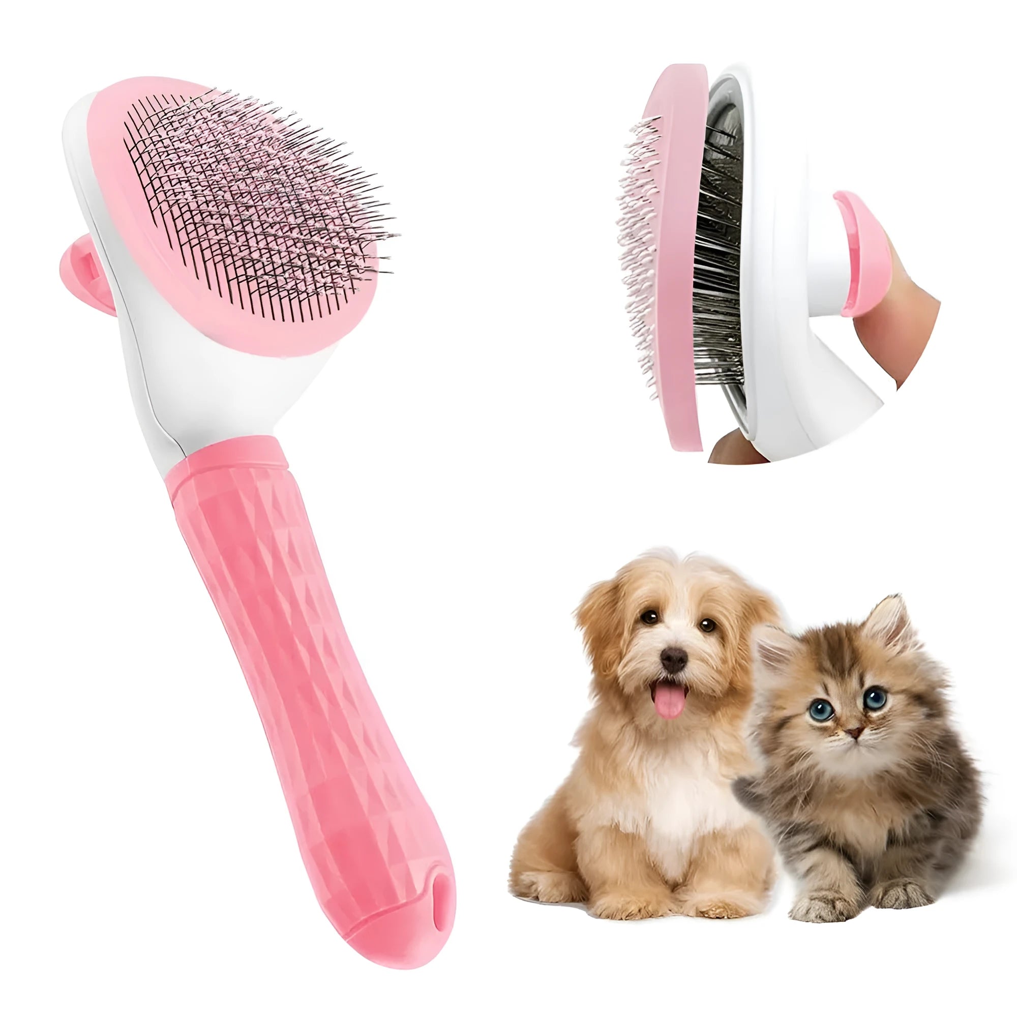 Blue cat grooming brush with a release button for removing loose fur and tangles