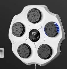 Black hanging Bluetooth boxing wall target with included gloves on a grey wall
