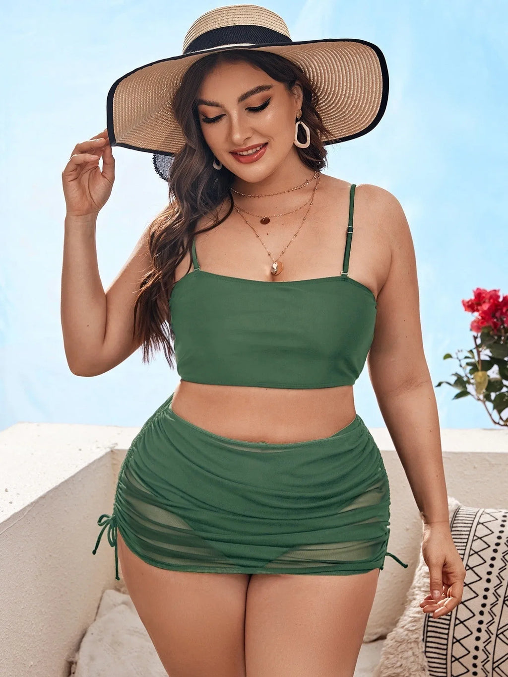 Women's solid colour mesh bikini three-piece set showing top, underwear, and apron.