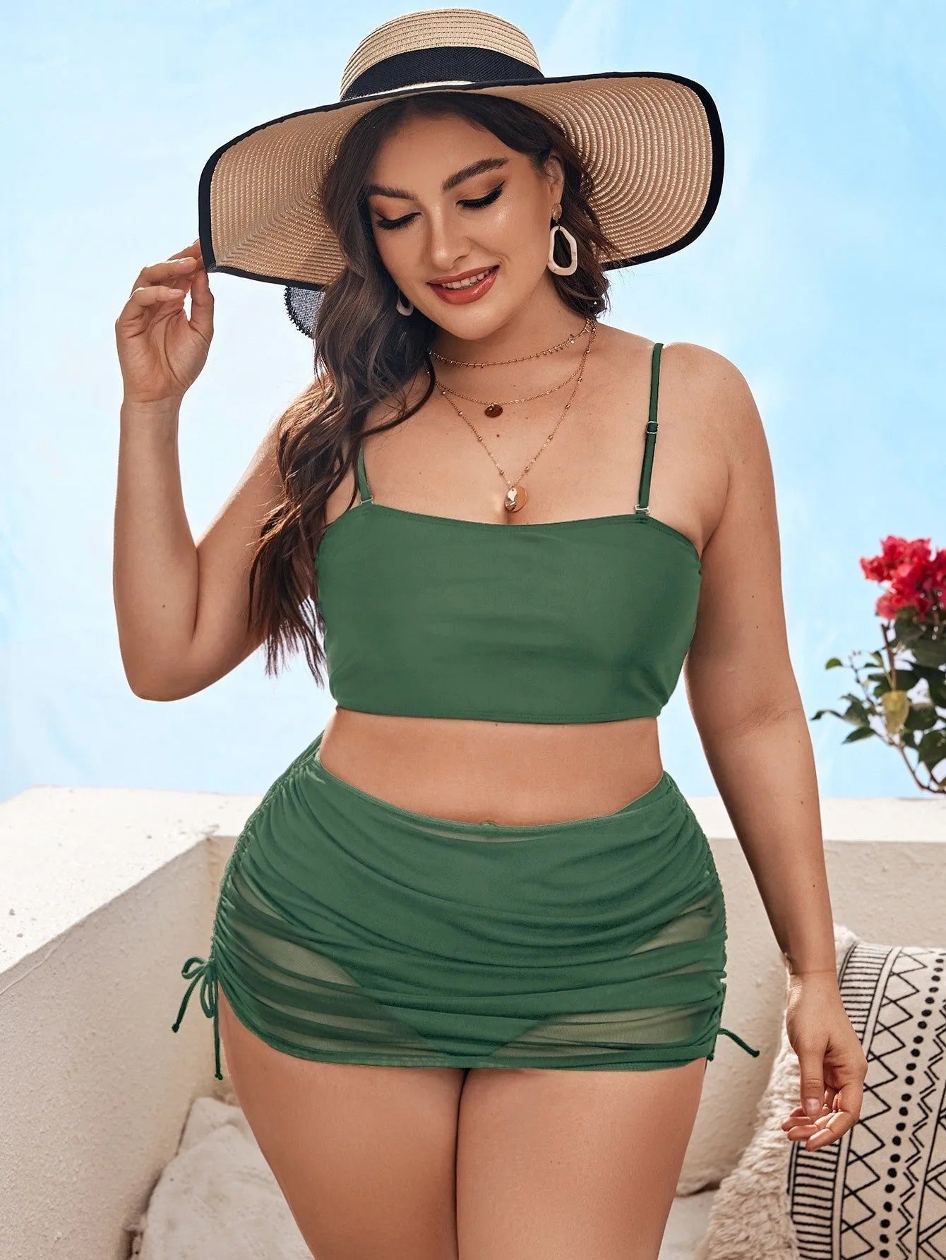 Women's solid colour mesh bikini three-piece set showing top, underwear, and apron.
