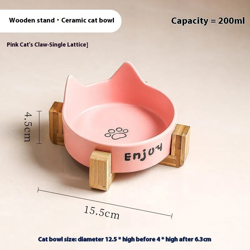 Porcelain cat bowls with wooden frame in cat ear paw design
