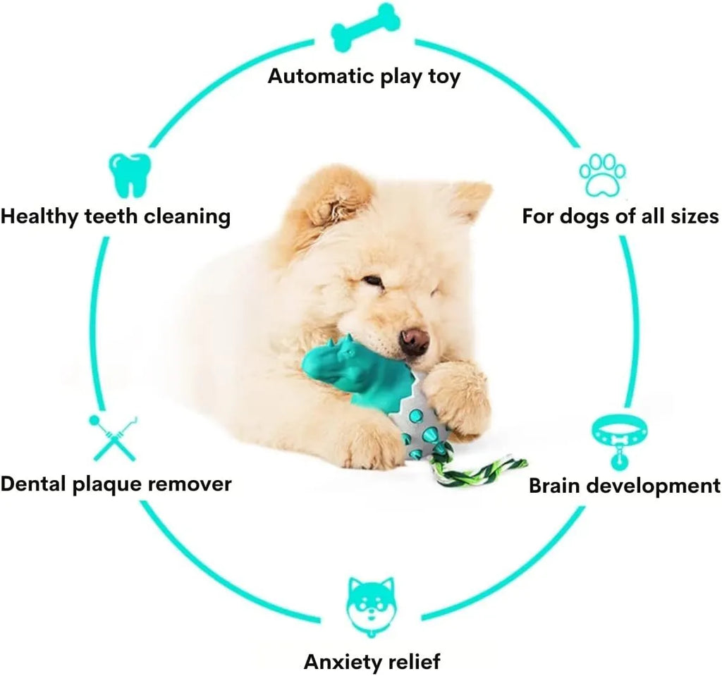 Blue dinosaur-shaped dog chew toy with a rope, showing textured nubs on its surface.