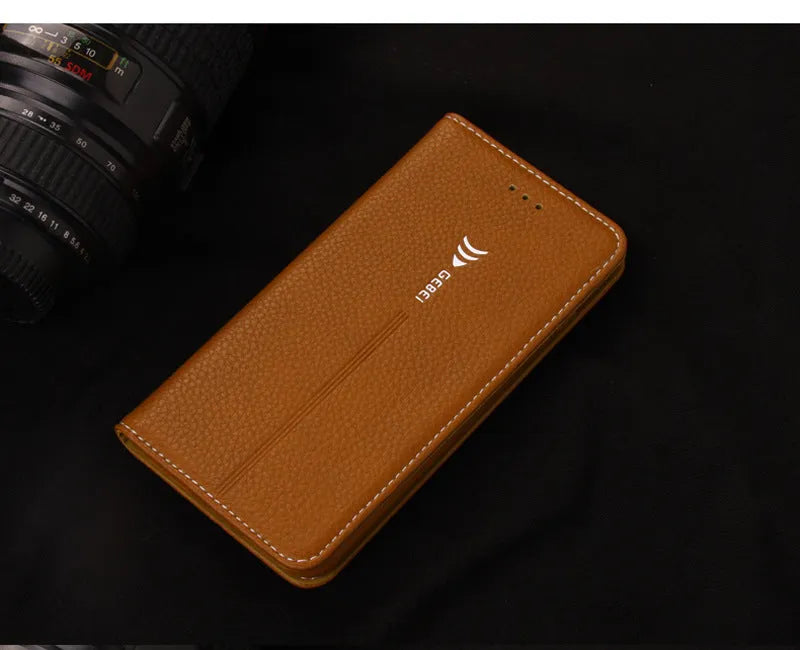 Black PU leather wallet case for iPhone with multiple card slots open.