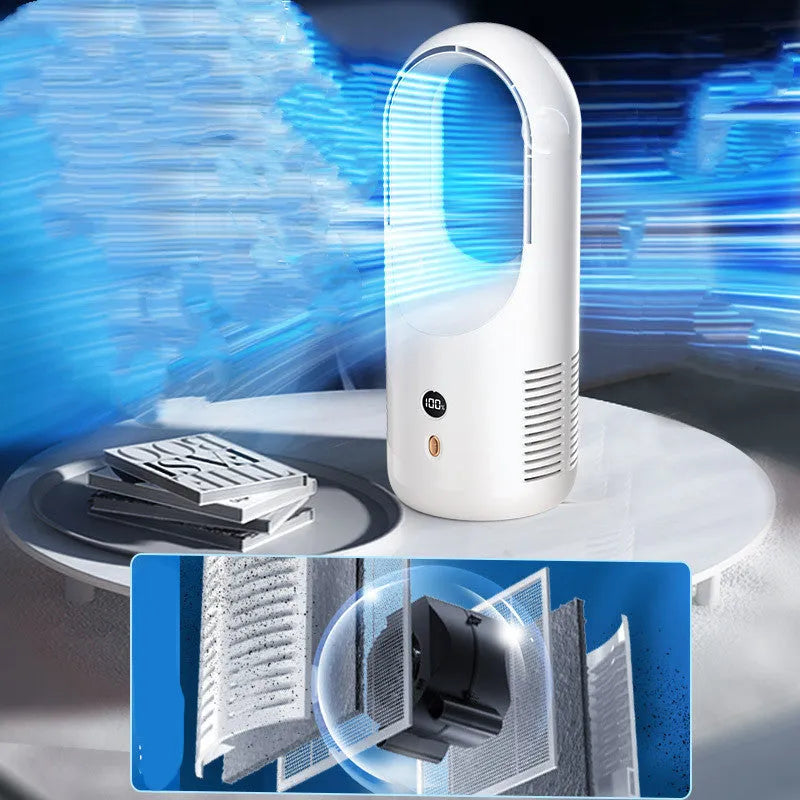White bladeless electric desk fan with LED display on a desk, showing portable USB rechargeable design.
