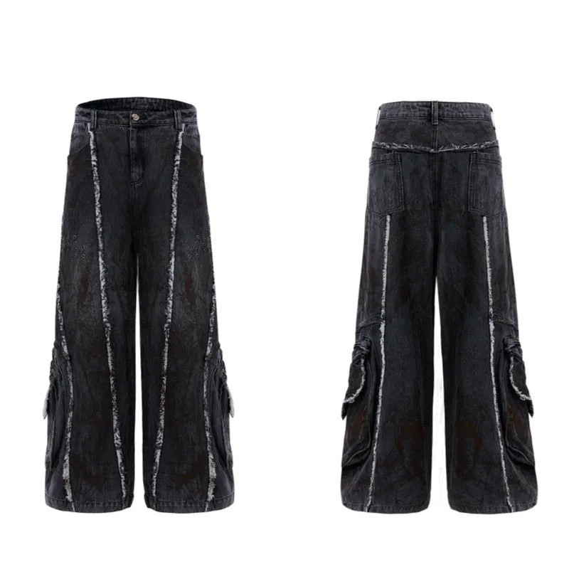 Distressed black denim coat with padded shoulders, gradient splash-dye pattern and matching trousers laid flat