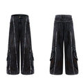 Distressed black denim coat with padded shoulders, gradient splash-dye pattern and matching trousers laid flat