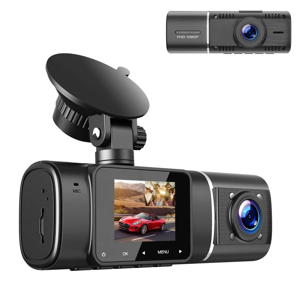 Standard black 1080p dashcam car camera with screen, shown with car charger and stand.