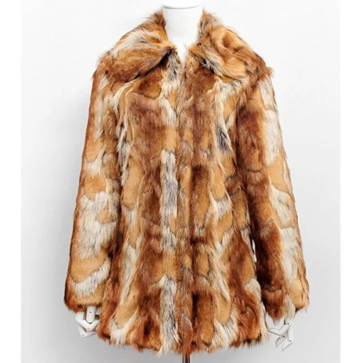 Women's tiger pattern artificial fur leather jacket with long sleeves and medium length cut
