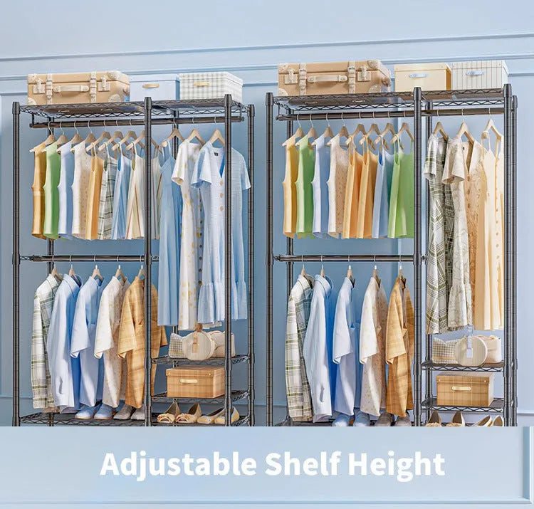 Black metal floor storage rack for hanging clothing and trousers