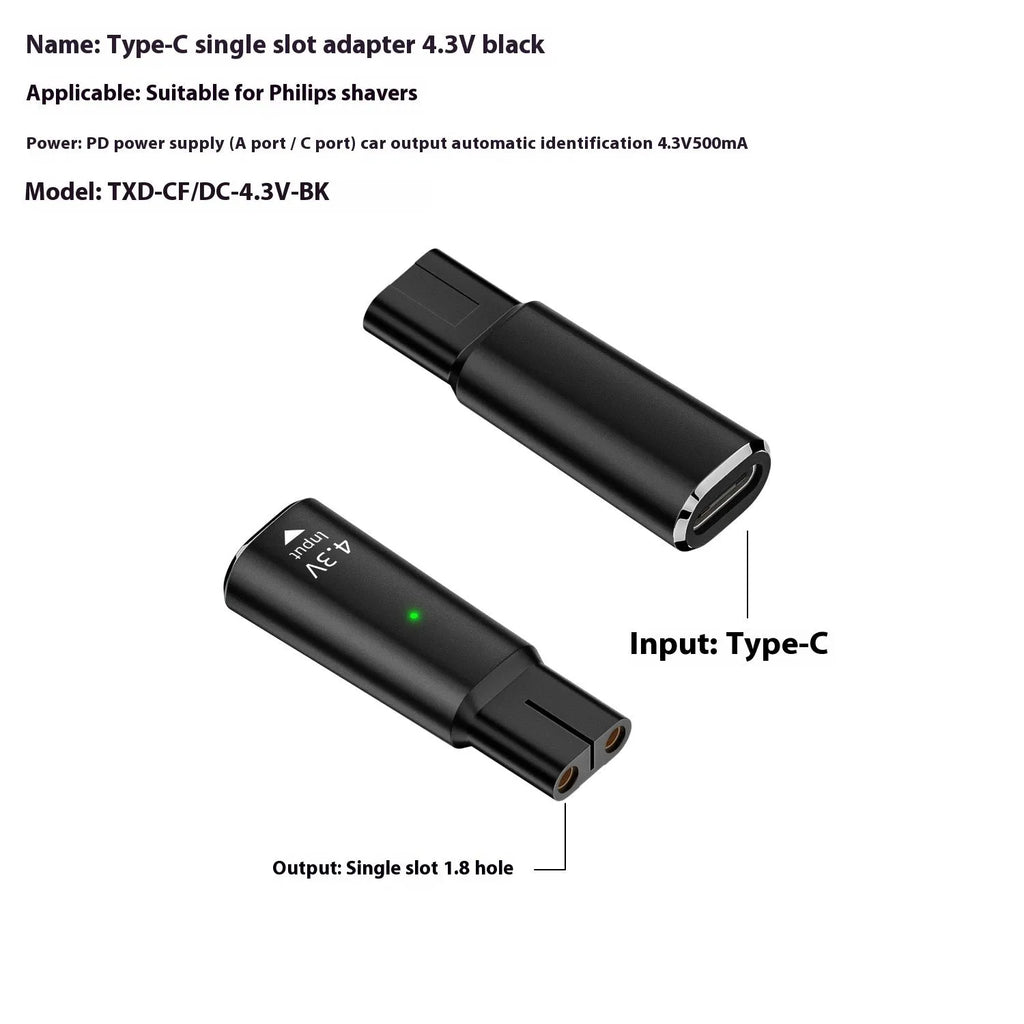 Black and grey aluminium USB-C charging adapter for electric shavers with 4.3V 8W output.