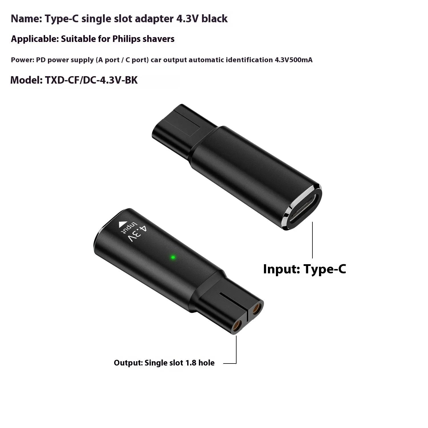 Black and grey aluminium USB-C charging adapter for electric shavers with 4.3V 8W output.