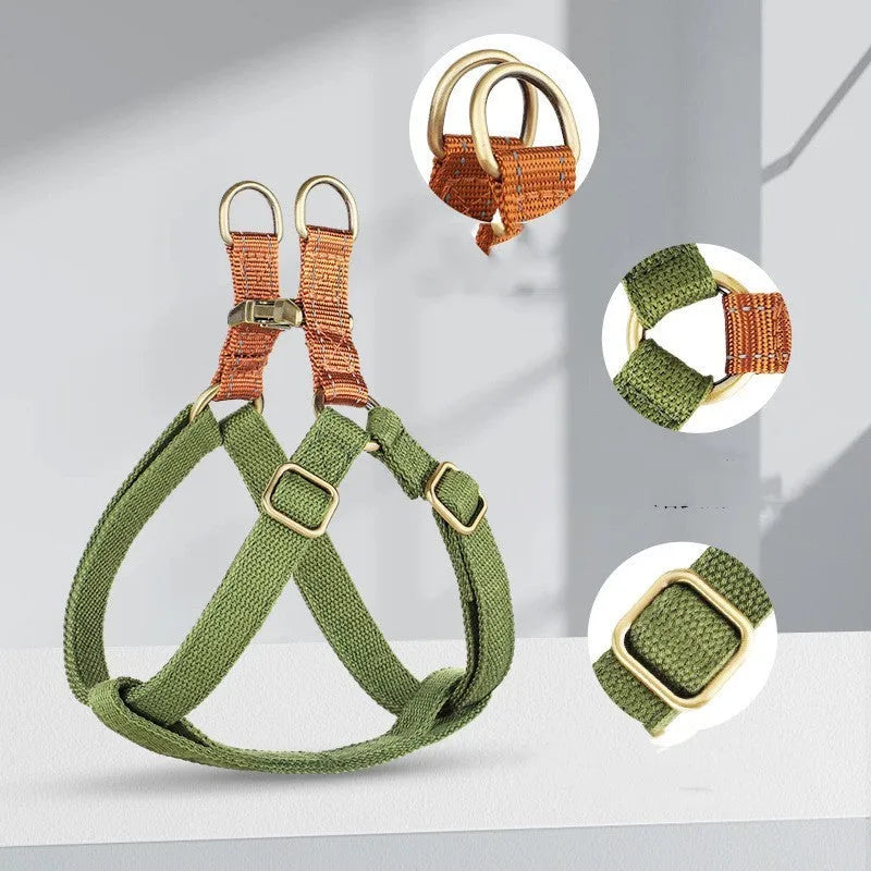 Brown vest-style dog leash with adjustable cotton belt and nylon rope, showing alloy clip.