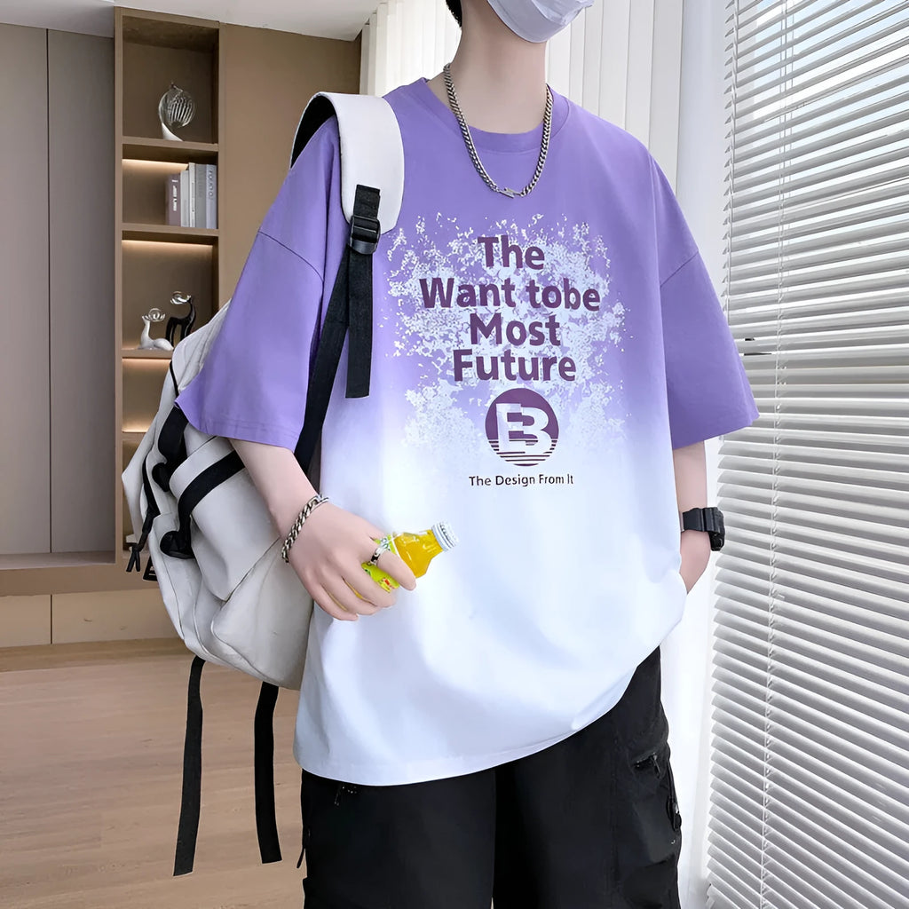 Dark blue youth t-shirt with printed text, showing drop-shoulder short sleeves