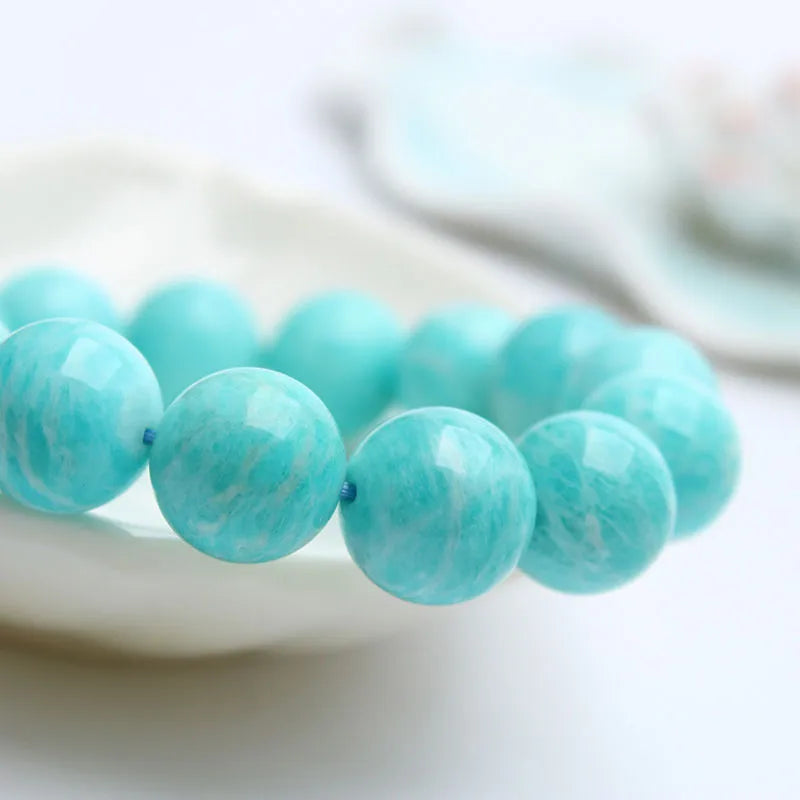 Green amazonite gemstone bead bracelet for men and women shown in three bead size options.