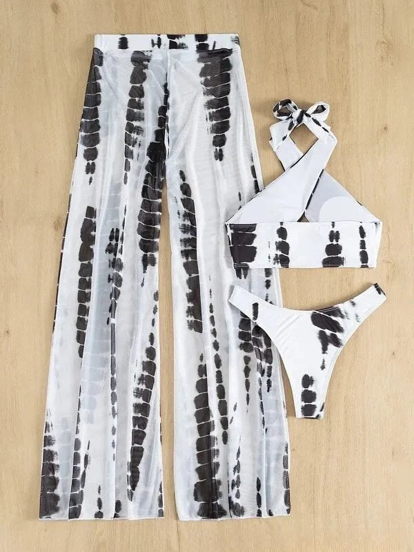 Three-piece women's bikini swimsuit set with mesh trousers in black or blue printing