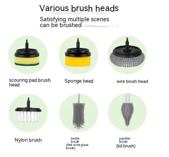 White rechargeable electric cleaning brush with multiple scrubber heads on a kitchen worktop.